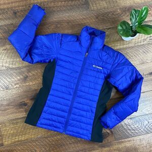 COLUMBIA S Womens Powder Pillow Hybrid Black Blue Purple Puffer Coat Jacket zip